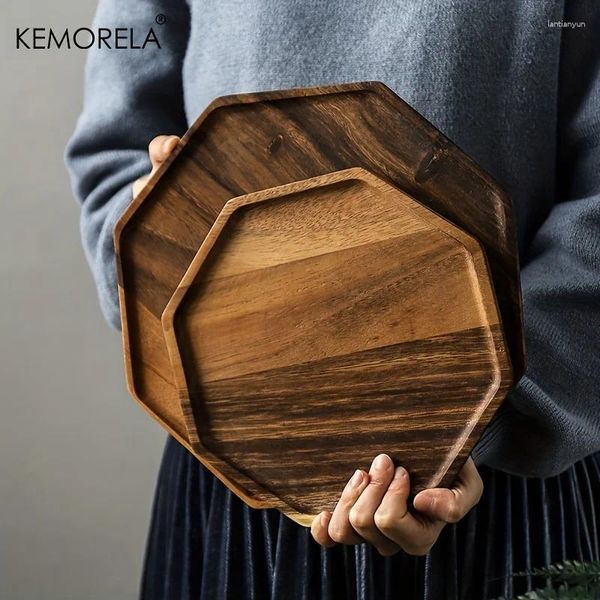 Vassoi di tè kemorela 1pc creativo acacia piatti in legno piatti rettangolo ottagonali da dessert vassoio vassoio per esterni per esterni