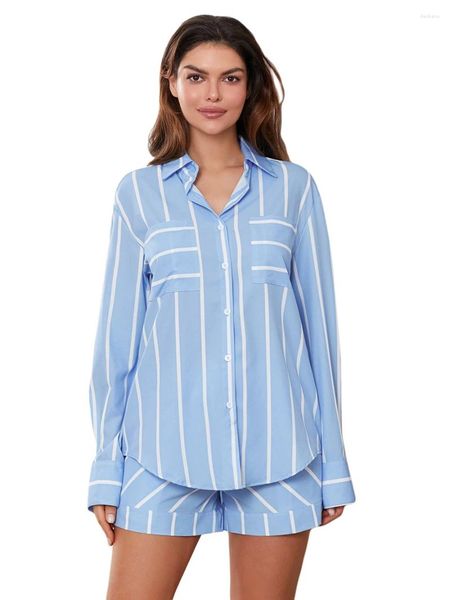 Abbigliamento da casa Donne Y2K Set di pigiama Set da 2 pezzi Strisce Short Overszed Botton Down Shirts and Shorts Lounge Matching Sets