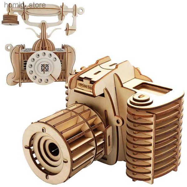 3D-Rätsel die Kamera 3D-Holzrätsel altmodisches Telefonmodell DIY Building Kits Holz-Puzzle-Spielzeug für Kinder Mädchen Hauszimmer Dekoration Y240415