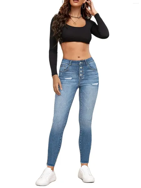 Jeans femininos 2024 Autumn rasgou o trecho de calça de jeapis de jeapis de jeans da moda casual skinny s-xl gota