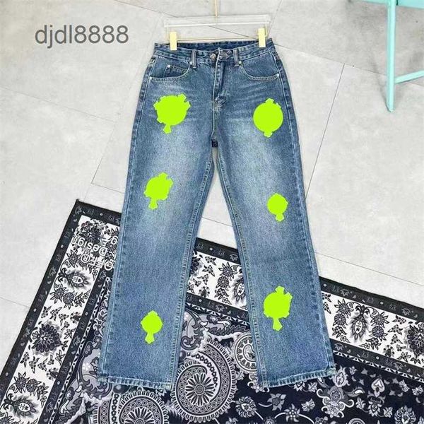 Calça masculina designer de jeans Faça com que as calças retas de cromo velhas estampas de coração homens homens long styler74k