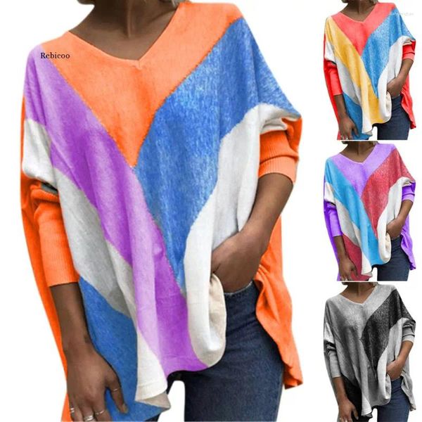 Camisetas femininas 2024 Hit Contraste colorido de retalhos de retalhos em Vo de caça longa Casual Casual Splice Baggy Polyester Tops para roupas femininas