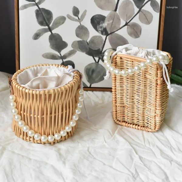 Bolsas de armazenamento Bolsa de férias vintage Rattan cesta de tecelagem noble luxuoso pérola manusear sacola coloque a chave por mar