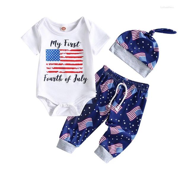 Kleidung Sets Baby Boys 4. Juli Outifts Kurzarm Buchstaben Druck Strampler Hosen Hut 3PCS Independence Day American Flag Set Set