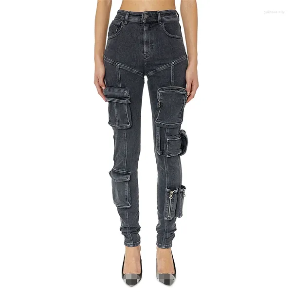 Женские джинсы серый худой 2024 Осенний Женщины шикарные застежки -молнии с высокой талией джинсовые брюки.