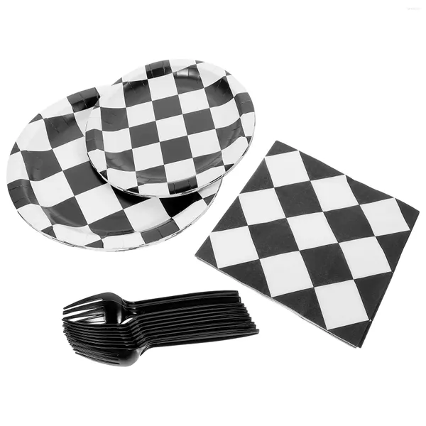 Decisão descartável DenuNware preto White Grid Carro Decorações de aniversário Placas de papel Suprimentos de festa Racing Guardeiros de motocicletas de marquinhos quadriculados