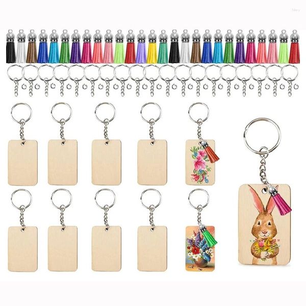 Favor de festa 10 Define os chaveiros de madeira DIY em branco Tassel Charms Set Round Retângulo Ornamentos de madeira Blank Tecly Rings Tasels de chaves de chaves