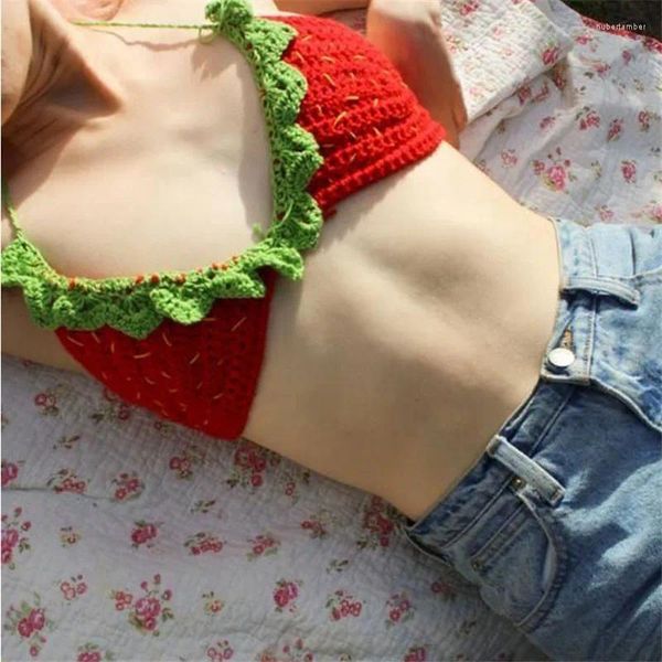 Swimwear femminile 2024 sexy all'uncinetto da bagno all'uncinetto Strawberry Bandage Crop Top Women Camis Summer Knit Tank Beach Bikini Bra Customed