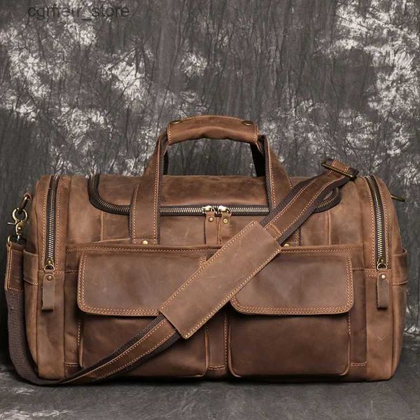 Bolsas de fraldas retro marrom masculino bolsa de bagagem de mão louca couro de cavalo grande capacidade de viagem Bolsa de viagens de fim de semana um ombro para mensagens de ombro l410