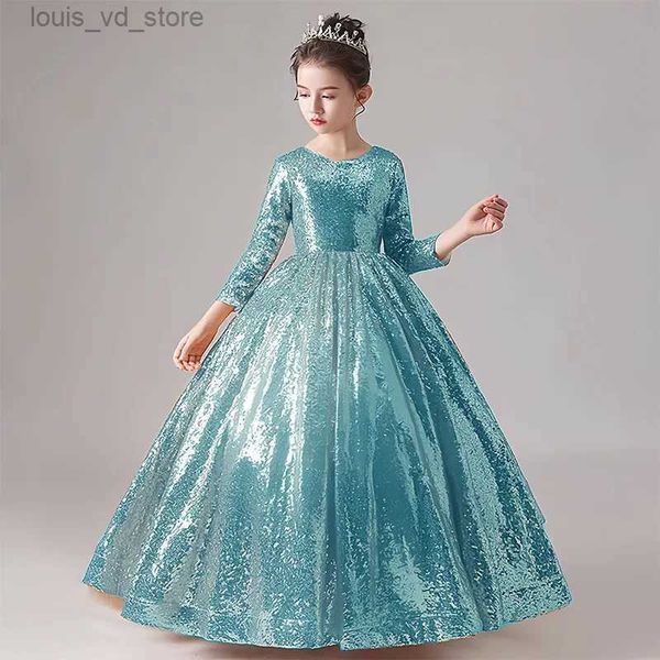 Mädchenkleider Girls Kleider Pailletten Langarm Prinzessin Kleid 4-12 Jahre altes Bankett Host Long Kleid Carnival High-End-Abendkleid T240415