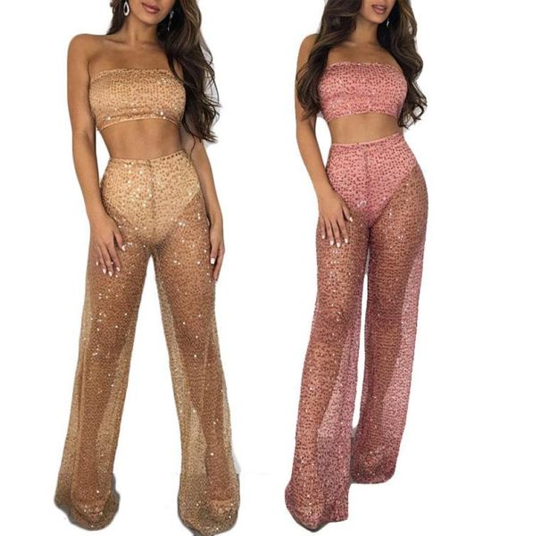 Sexy Club Wear Women PECINE Zwei -Stück -Hosen Set Outfits Bling Bling bloß