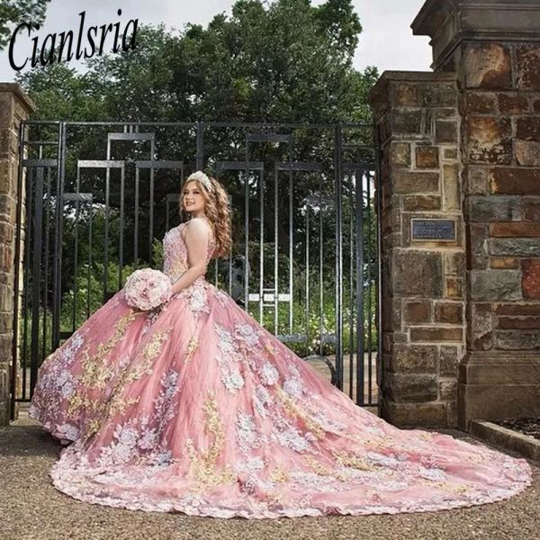 Prenses Çiçekler Pembe Tül Quinceanera Elbiseler Balo elbisesi tatlı on altı elbise vestidos 16