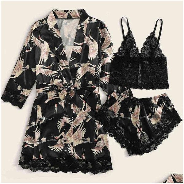 Pignaggio sexy Donne Donno abbigliamento da notte Set di biancheria intima seta Silk Nightdress Lingerie Abba abito a tre pezzi di Black Crane 211202 Drop Deliver Dhnow