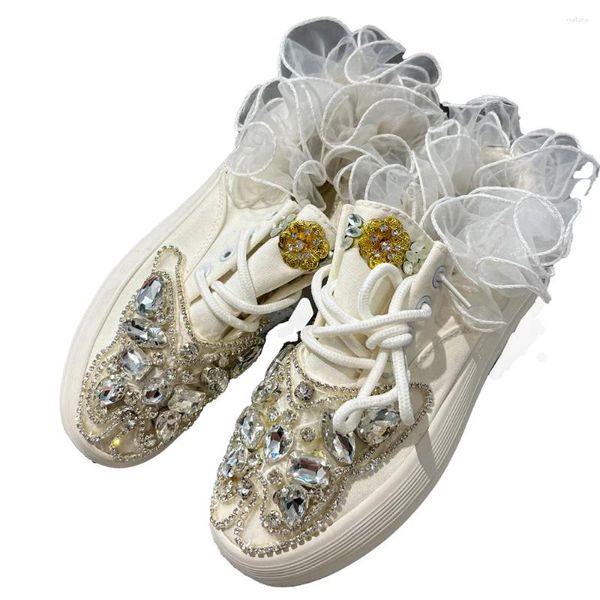 Sapatos casuais Cristais tênis de borboleta 3cm plataforma apartamentos de lona Flores de renda feitas à mão Brilhas brilhantes mulheres vulcanizadas