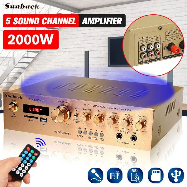 Amplifikatörler Sunbuck Bluetooth HiFi Amplifikatörler 220V 5CH Güç Sesli Amplifikatör Ev Amp Stereo AV Surround Dijital Amplifikatör FM Karaoke Sineması