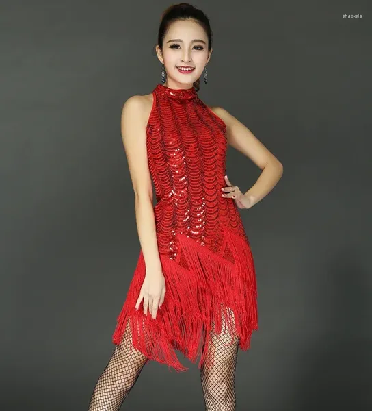Sahne Giyim Saçak Latin Dans Elbisesi Kadın Püskül Seksi Sequin Balo Salonu Tango Salsa Rumba Kostüm Kırmızı Performans