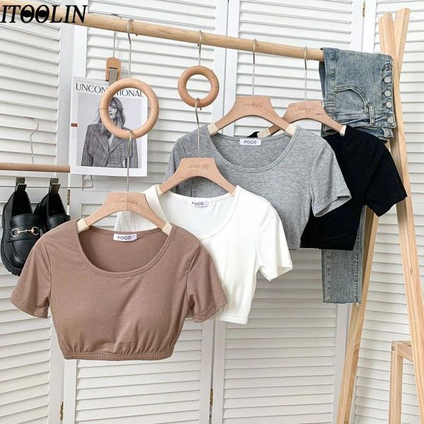 Damen T-Shirts Itoolin süße Ernte Tops gebaut in BH Frauen Chic Kurzarm gestrickt T-Shirt Slim Solid für den Sommer vielseitig