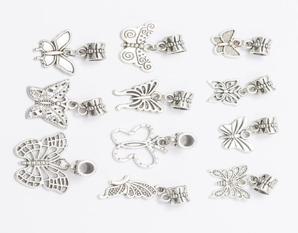 Mix 11 Butterfly Bulles Antique Silver Plated Legierung Big Hole Charms Perlen Fit Armband DIY Schmuck Halsketten Anhänger Beads3640176