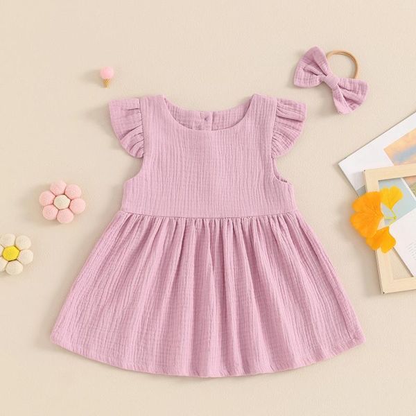 Mädchenkleider weiches Baumwoll -Babykleid für Mädchen Prinzessin Ärmel Solid Farbe kleiner Sommer Kleinkindkleidung mit Stirnband