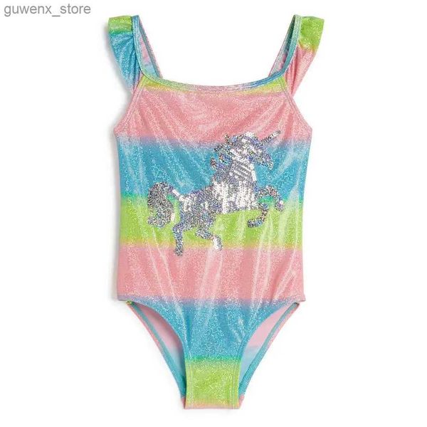 Bambini unici per bambini Rainbow Girls Shinning Girls One Piece Swimsuit Kidming Suit Falbala Bareding Seques Monokini 21 Y240412Y240417Sict