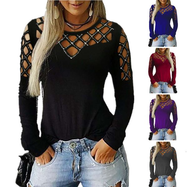 Cross fronteiriço Europeu e americano outono de comércio exterior e inverno New's Clothing Amazon Wish Hollow Out Hot Diamond Longo T-shirt Top casual para