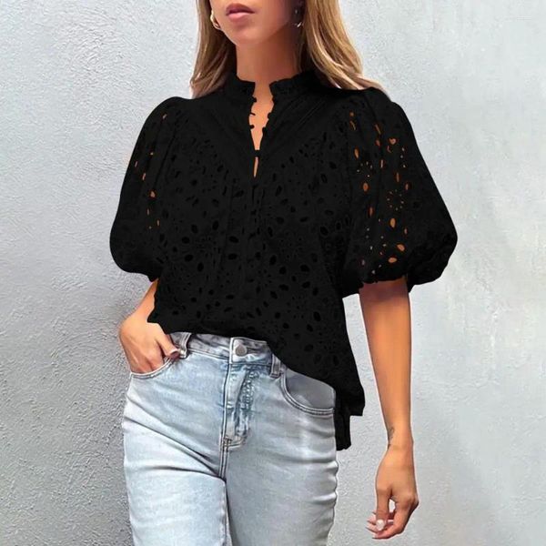 Frauenblusen Frauen Bluse Stilvolle Sommertops V-Ausschnitt Laternenhemd Shirt Sticked Casual Streetwear Fashion Button-up