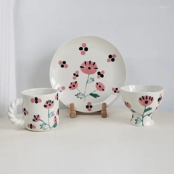 Pratos de pratos de chá de chá de chá de chá de sobremesa Placa de caneca cerâmica Padrão de flor de sorvete de café da manhã Canecas de pão de pão canecas de café