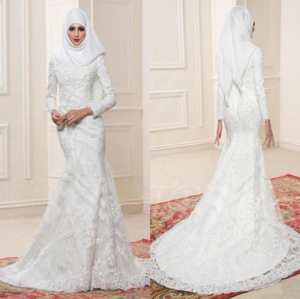 2017 abiti da sposa musulmani bianchi a maniche lunghe con scollo alto