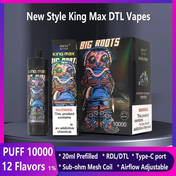 Breze Stiik 10000 Puff Vapes Einwegpuff 10000 VAPER E Zigarette King Max 10k Puff 10 km 20 ml vorgefüllte Patronenschoten -Vape 850mah wieder aufgeladen 12 Flavours Dampfstift