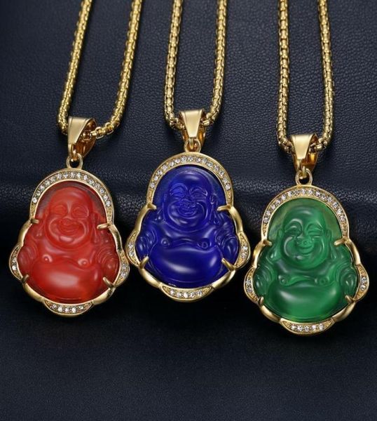 Diamante Opal Jade rindo de rindo colares de pingentes de Buda com aço inoxidável em aço de ouro embutido para pedras preciosas jóias de pedras preciosas Wholesa5786133
