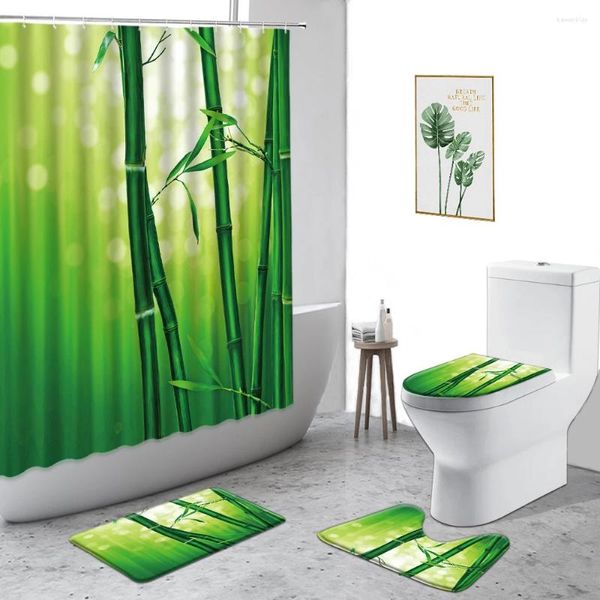 Cortinas de chuveiro Cortina de bambu Plantas verdes impressão de cenário de decoração de banheiro conjunto de banheira impermeável no tapete não deslizante