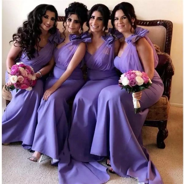 2024 Vestidos de dama de honra de lavanda Sereia cetim Custom Fez um ombro PLUS TAMANHO DA MADENDO DE HONIMENTO Country Wedding Party Wear vestidos