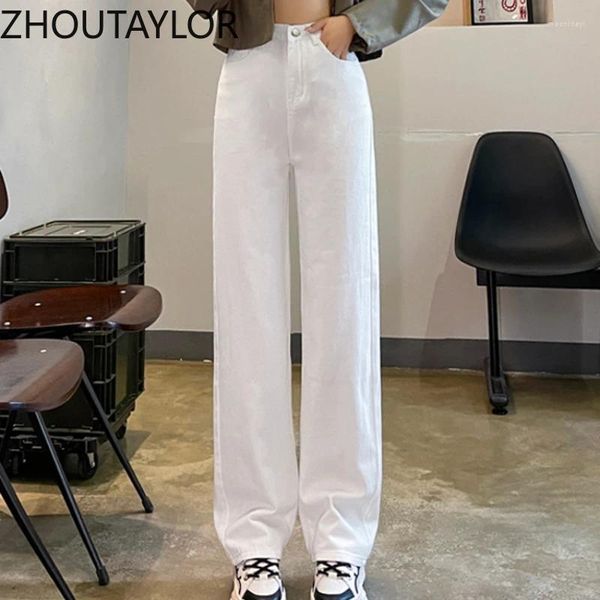 Frauen Jeans Zhoutaylor Frauen Japanes Stil Pantalon Femme Büro Dame Reißverschlüsse Spring hohe Taille Wide Leg Hosen weiblich S4192