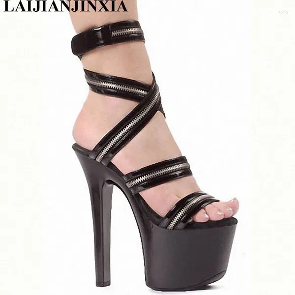 Sapatos de vestido 7 polegadas Sexy Clubbing Saltos altos Plataforma Zip Moda Roma Gladiador de 17 cm Sandálias de tiras de dançarina exótica