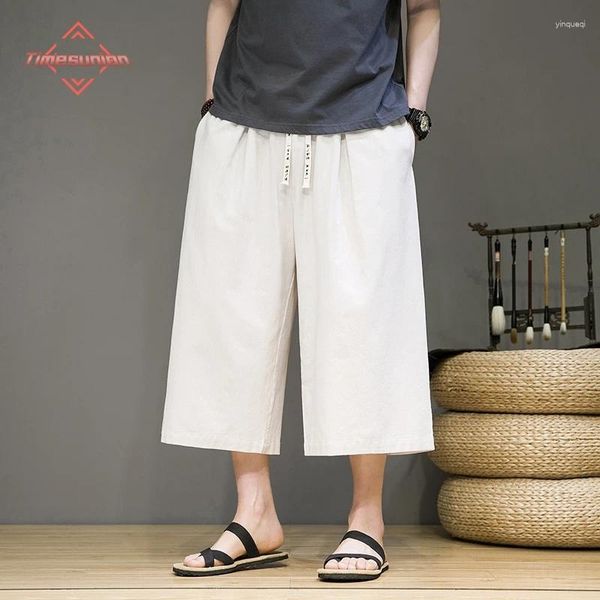 Calça masculina masculino masculino chinês linho de algodão harém mens retro streetwear shorts masculino casual perna larga