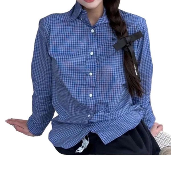 MIUMIUUES Designer de luxo Moda de moda feminina camisas da primavera/verão nova camisa de camada verificada azul fina para mulheres de manga longa de mangas compridas