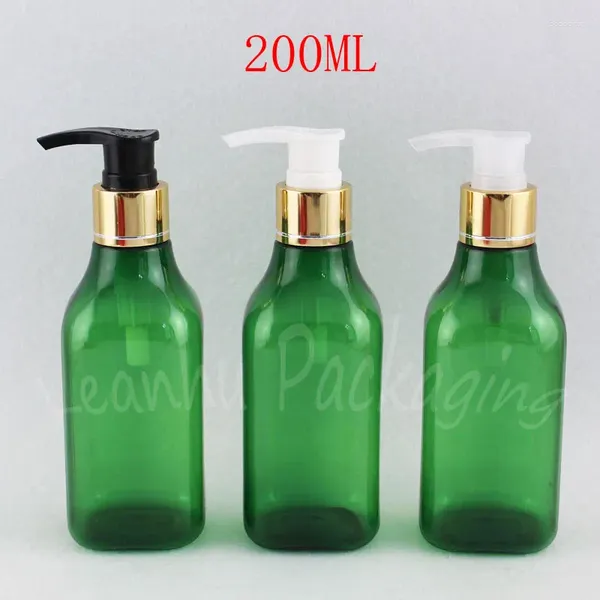 Bottiglie di stoccaggio bottiglia di plastica quadrata verde 200 ml con pompa di lozione dorata 200cc contenitore cosmetico / imballaggio shampoo