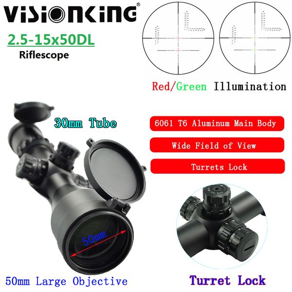 Visionking 2.5-15x50 SFP Fun di fucile da caccia Long Eye Relief Professional Sniper AIM Wide Field Widical Sight Optical Sight Ambito illuminato rosso