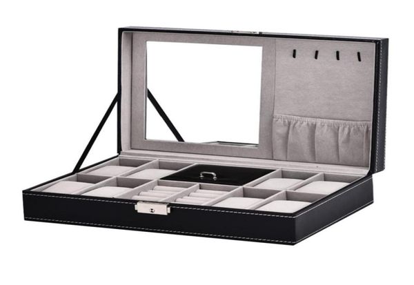 2 in 1 8 Uhrenbox Grid + 3 Mesh Case Storage Box Luxury Schmuck Ring Display Uhr Black9067442