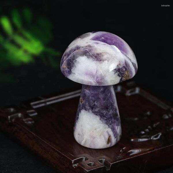 Estatuetas decorativas naturais de cogumelo ametista de gemas de cura de cura de cristal de cristal em massa de reiki