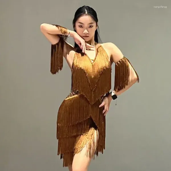 Stage Wear Sexy Performance Costume Brown Tassel Dress Latin Dance Cha Rumba Samba Competition