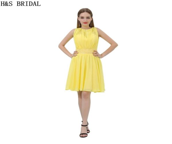 Kurzes Chiffon Homecoming -Kleider Perlen gelbe schiere Nacken -Cocktailkleid charmante Mädchen billige Partykleider B0122028871
