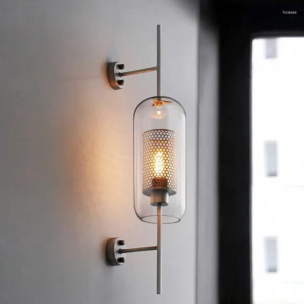 Wandlampe moderne klare Glasschatten -Scones Lampen für Schlafzimmer Betrüger Restaurantstudie Hängende Lichter Loft Retro Eisennetz