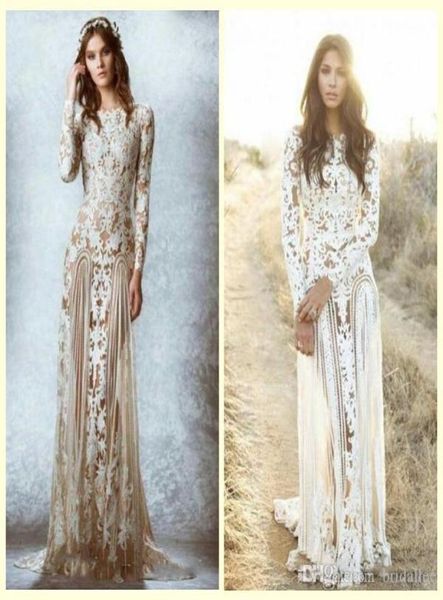 Zuhair Murad renda Vestidos de noiva vintage Mangas longas de mangas compridas TRIM TRAIL PEACH Country Bridal GOWNS Crew Aline impressionante lac1174060