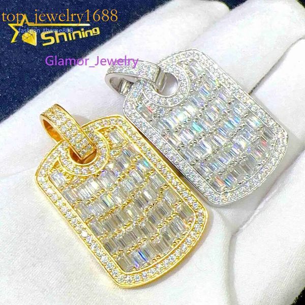 Hot Sell Sier Emerald Cut Diamond Hip Hop Dog Tags Charms D Color Moissanite Colar Pinging Iced Out Jóias