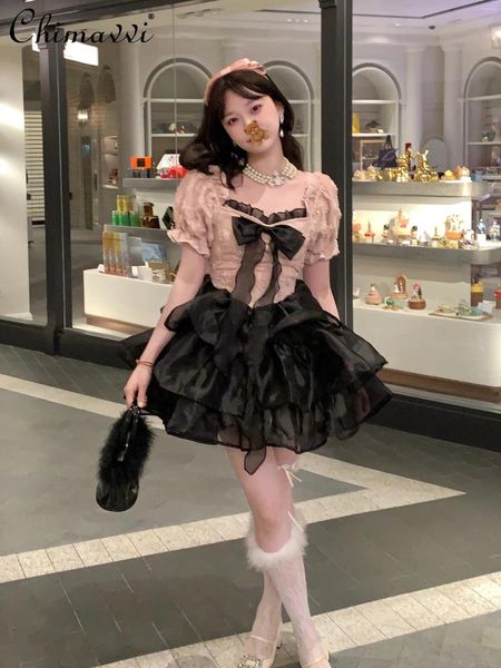 Платья для вечеринок сладкое черное розовое рукав платье принцессы 2024 Лето -модный стиль милый короткий элегантный женский