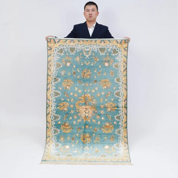 Taquestres 3'x5 'Madeiro de seda de seda de alta densidade Dragon Blue Tapestry Area Rug (LJH013)