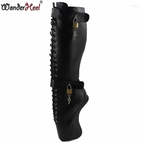 Stiefel WonderHeel Ultrahigschulen 18 cm Keile Knie sexy Fetisch matte Leder abschließbares Vorhängeschloss Training Ballett