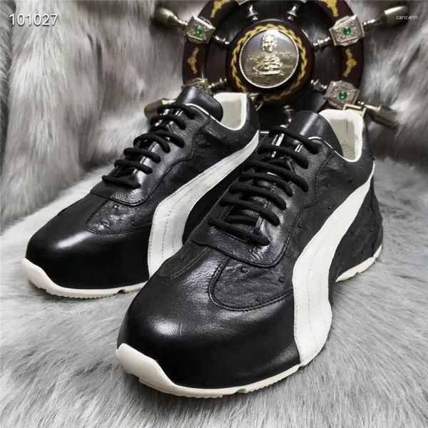 Sapatos casuais autênticos avestruz skin exótico masculino tênis branco preto preto