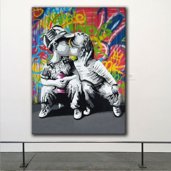 Banksy soyut duvar sanat grafiti pop art tuval yağlı boya moda çocuk ve kız öpücük poster baskılar sokak sanat resim duvar resimleri oturma odası yatak odası dekor